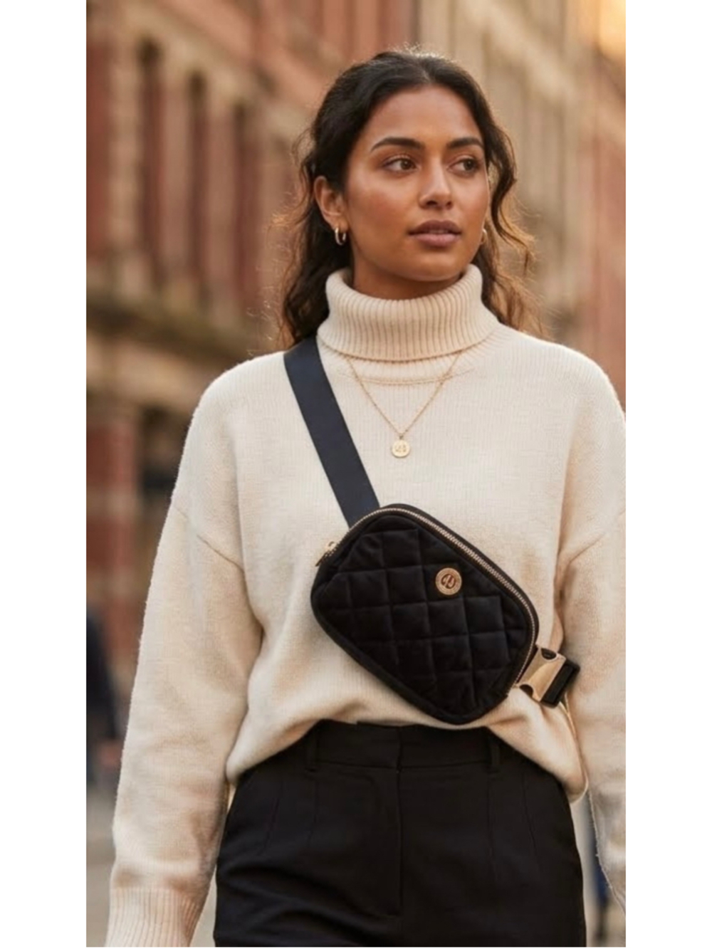 Wantable Velvet Quilted Belt Bag Travel Fanny Pack Cozytober Black Gold NWT